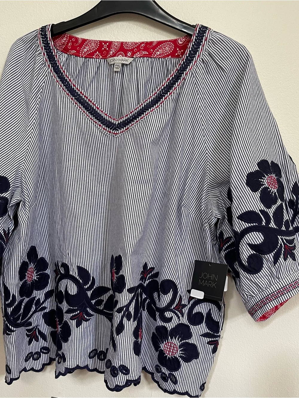 John Mark Embroidered Striped Cotton Tunic Blouse PXL NWT